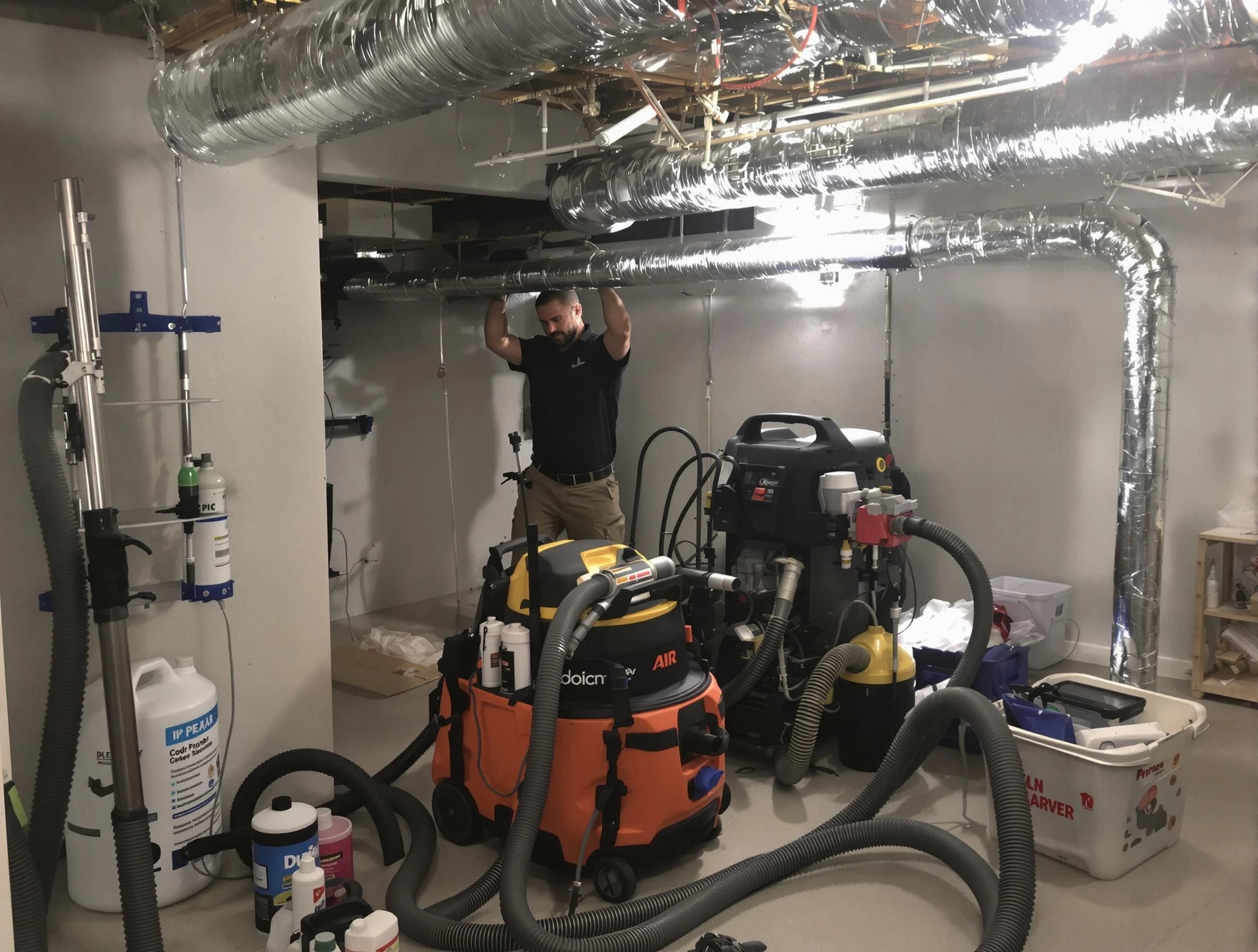 Needham Air Duct Cleaning specialist performing professional mold removal from air ducts using safety equipment in Needham