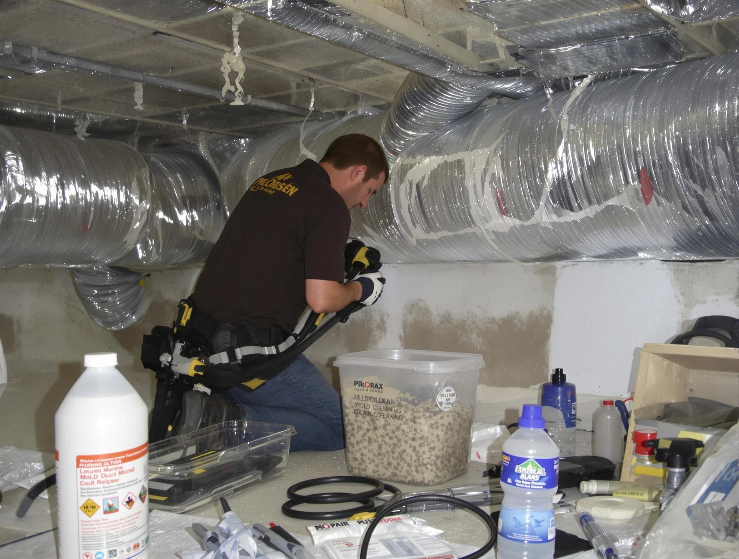 Needham Air Duct Cleaning specialist performing professional mold removal from air ducts in Needham