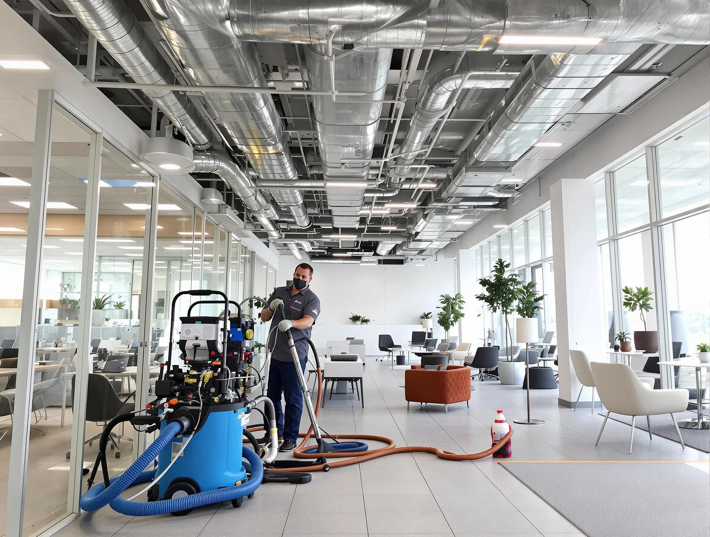 Needham Air Duct Cleaning team conducting comprehensive commercial duct cleaning at a business location in Needham