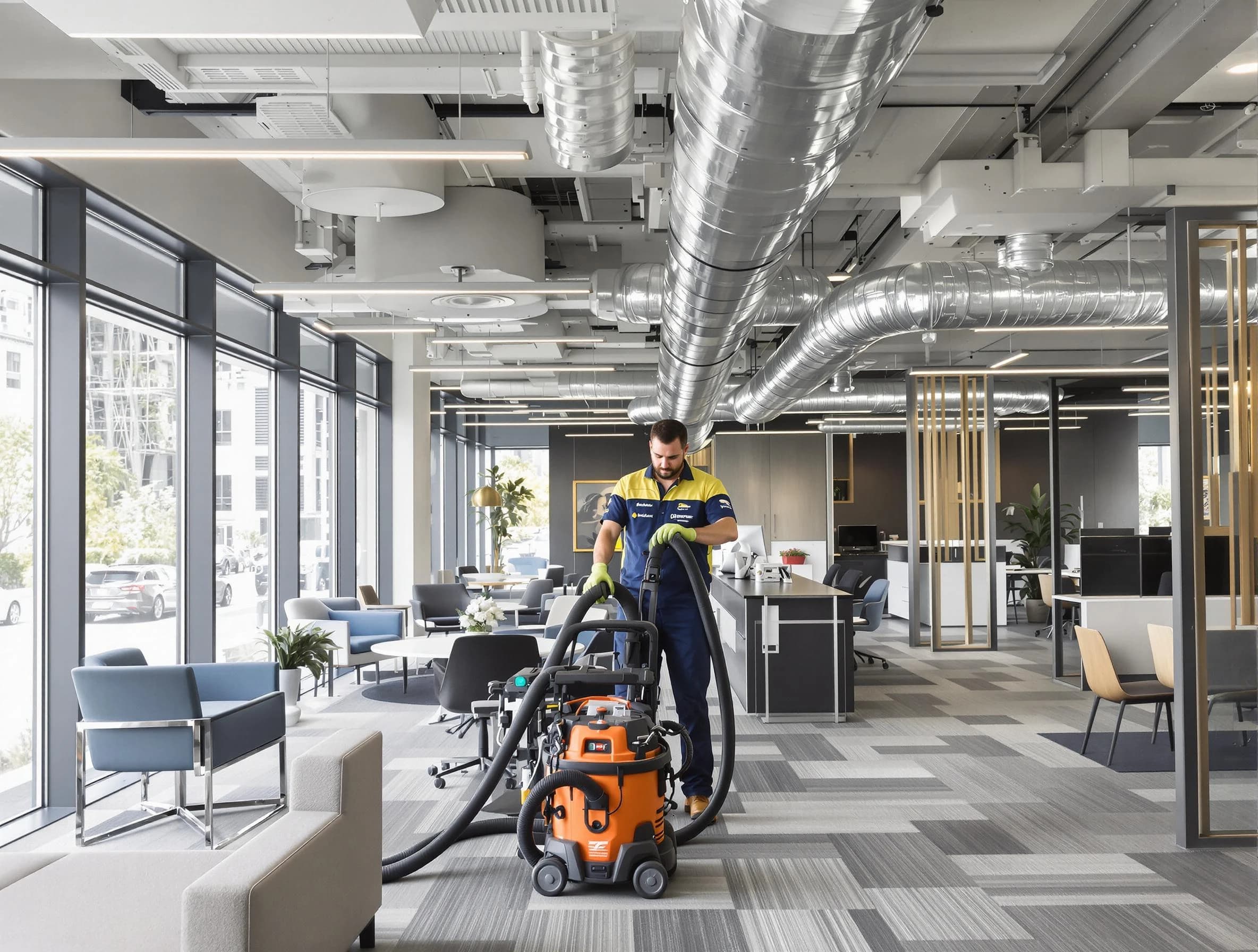 Needham Air Duct Cleaning team performing thorough commercial duct cleaning at a Needham business center