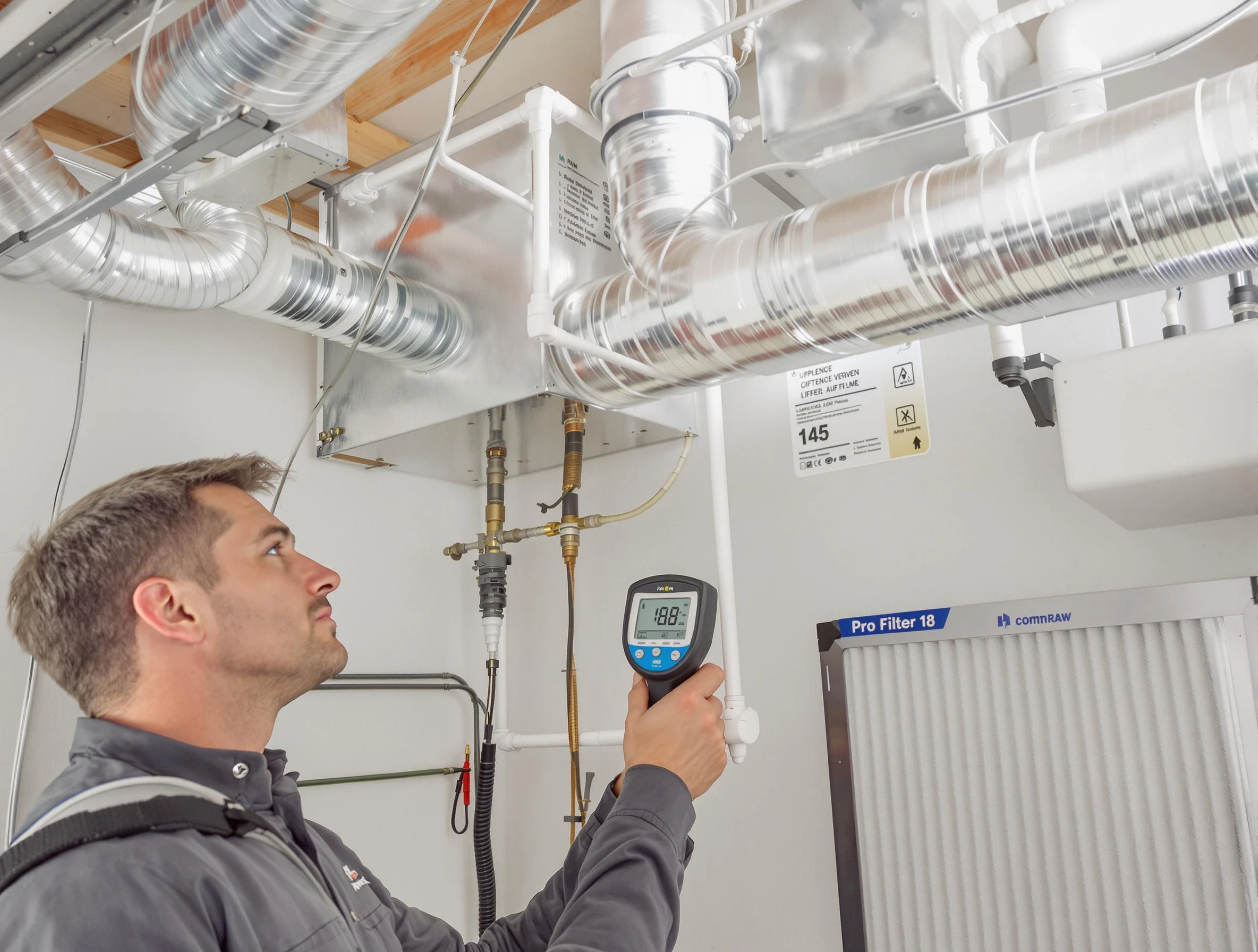 Needham Air Duct Cleaning expert conducting detailed filter system inspection using diagnostic tools in Needham