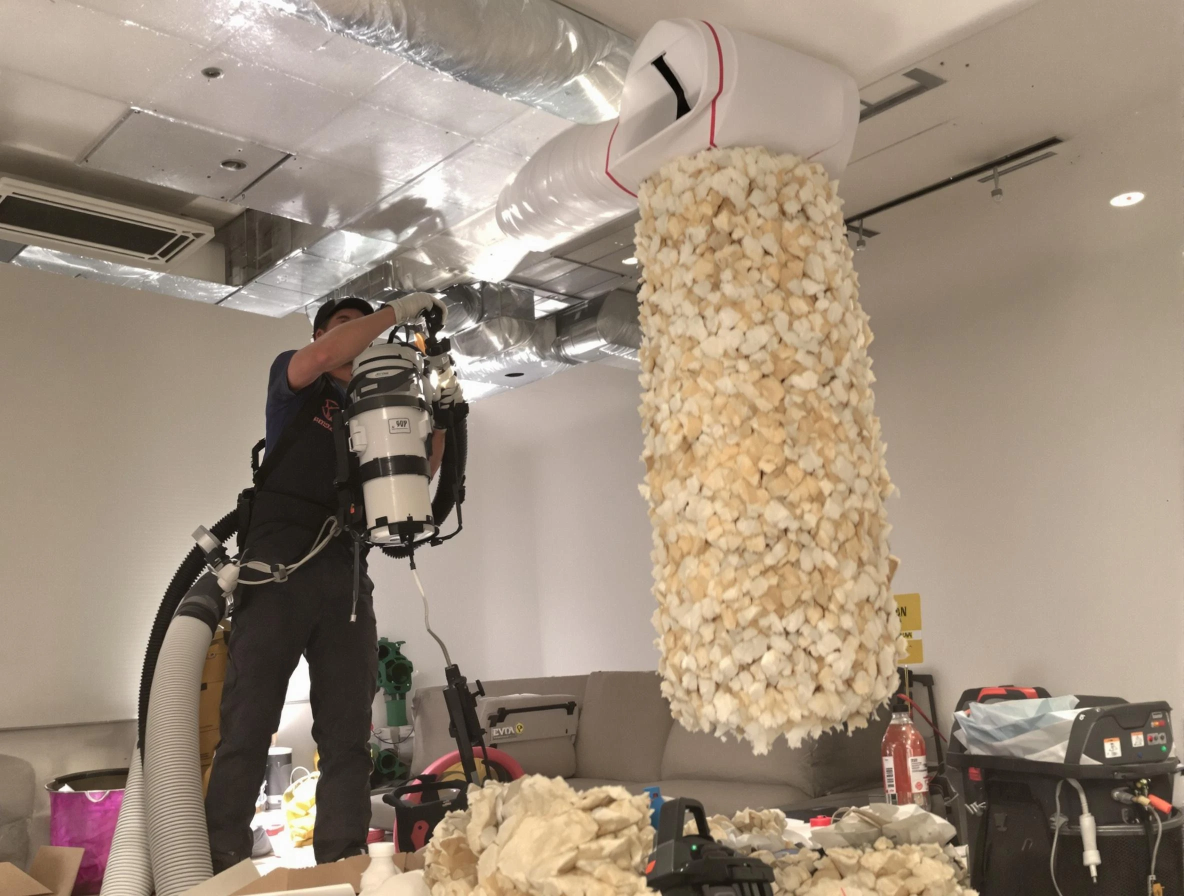 Needham Air Duct Cleaning technician performing precision vacuum insulation removal in a residential property in Needham